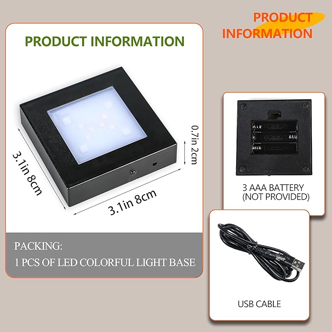 ZEERSHEE 3.1*0.7in LED Light Display Base for Crystal 3D Glass Art 7 Lighting Mode Color Change Square Stand Base Plate Flat