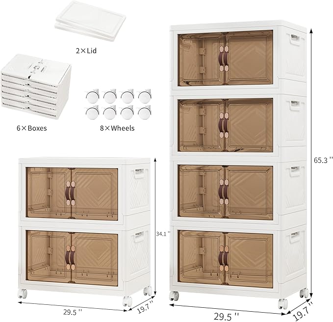 Storage Bins with 2 Lids and Wheels, 942QT-157QT*6Tier Collapsible Bathroom Storage Cabinet with Clear Doors, Plastic Stackable Closet Organizers and Containers White