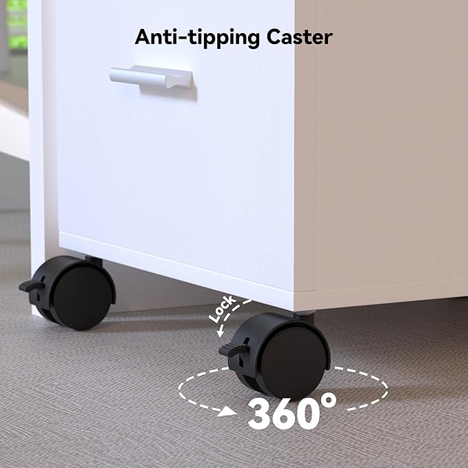 3 Drawer Mobile File Cabinet on Wheels,White fully assembled Rolling Storage Organizer for Letter/A4 Files, Ideal for Office, Home, Classroom Organization,Printer Stand,19" L x 16" W x 22" H