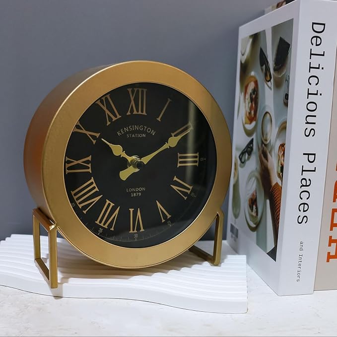 YOUKI Vintage Desk Clock, Small Gold Table Clock, Silent Non-Ticking Classic Battery Operated Decorative Mantel Desk Shelf Clock for Living Room Decor