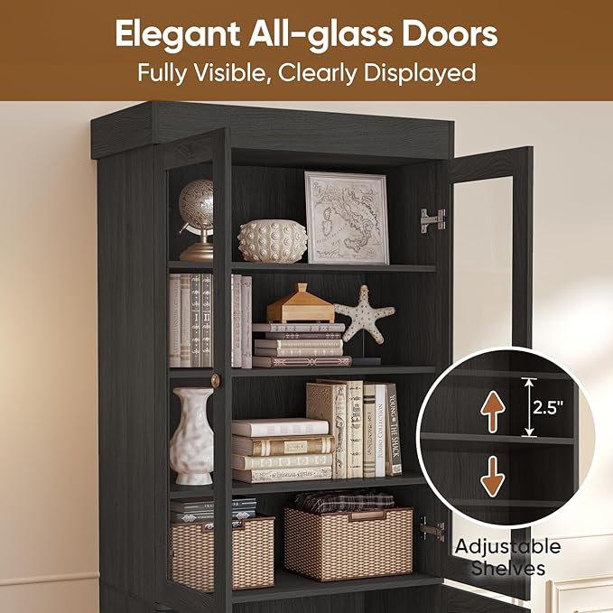 Vyre 71" Tall Farmhouse Bookshelves with Glass Doors, Set of 2 – Large Modular Bookcase with Adjustable Shelves, Storage Cabinet for Living Room, Kitchen, Home Office, Black