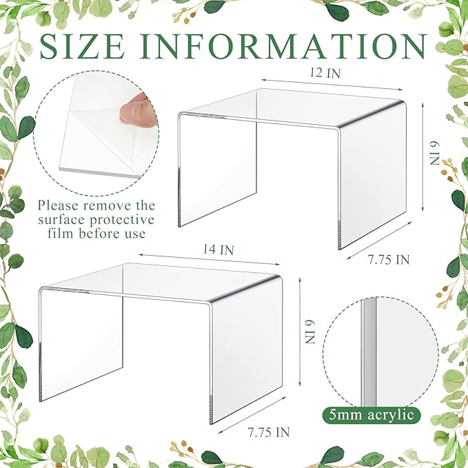 2 Pcs 12 Inch, 14 Inch Large Acrylic Risers Display Stands 5 mm Thick Acrylic Shelf Riser Showcase for Collectibles Jewelry Cupcakes Food Figures Perfume Cabinet (Clear)