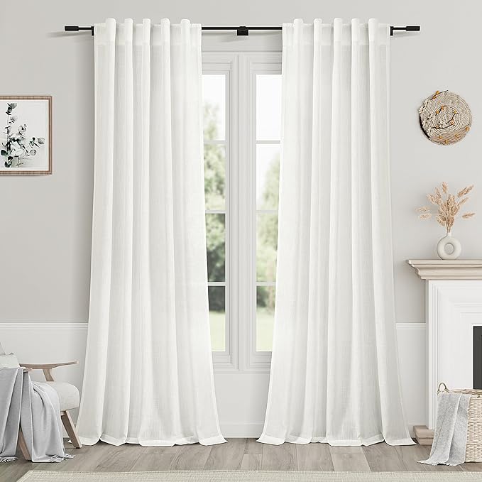 Ivory Semi Sheer Curtains 84 Inches Long 2 Panels Back Tab Rod Pocket Linen Textured Pleated Cotton Curtains Modern Bedroom Decor Light Filtering Lightweight Country Drapes for Living Room 40x84