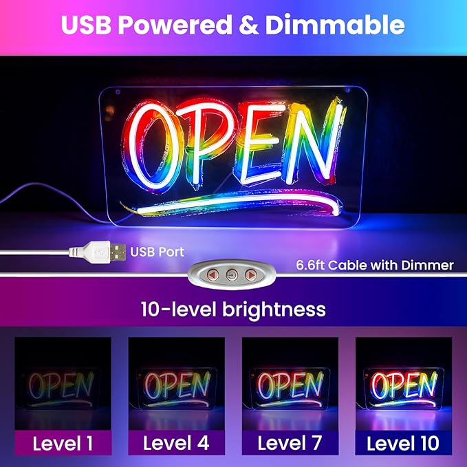 Open Signs for Business, LED Neon Open Sign Lighted Open Lights for Business Window Door Wall Hanging Coffee Snack Bar Restaurant Barbershop Retails Store Shop, USB Power & Dimmab