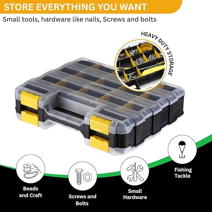 Andalus Tools Organizer Box, Small Parts Storage 34-Compartment Double-Sided Portable Hardware Organizer Removable Plastic Dividers for Screws, Nuts, Bolts, Nails – Yellow (1 Pack, 12.5" x 10.5" x 3")