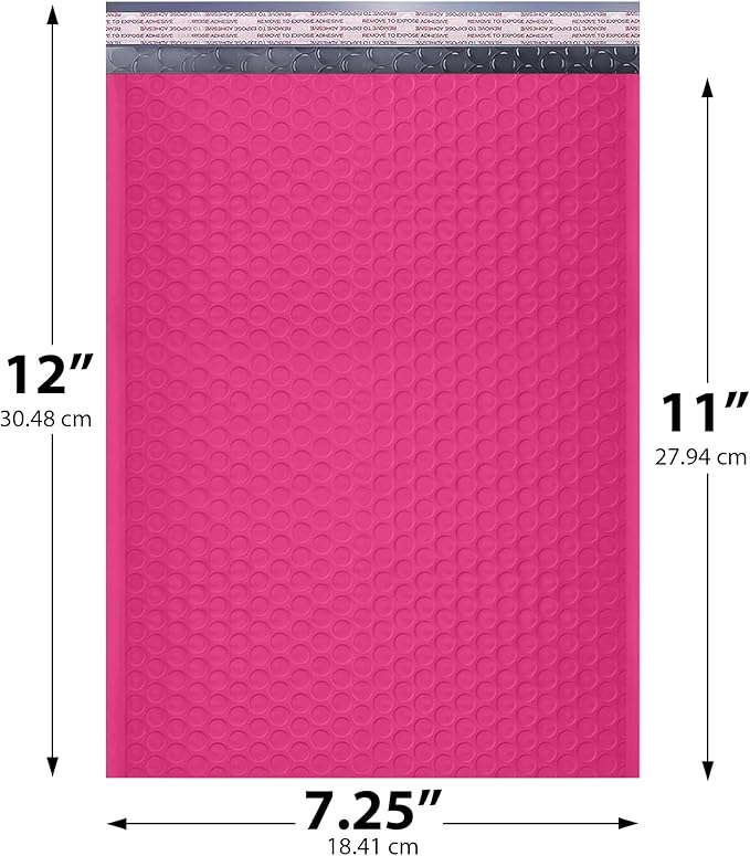 Hot Pink Poly Bubble Mailers 7.25x12 inch #1 | Self Seal Padded Envelopes | Cushioned Bubble Mailer | Usable Size 7.25x11 | WaterProof | Lightweight mailing Shipping Bags | 100 Pack Bulk