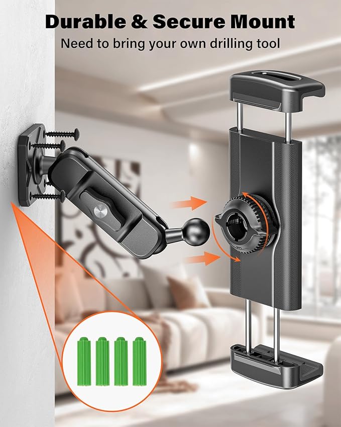 A2C for iPad Wall Mount, Heavy Duty Drill Mount Tablet Holder for Walls Kitchens, Metal Base & Arm 360° Adjustable Wall Mount for iPad Compatible with 4.7”-13” Devices