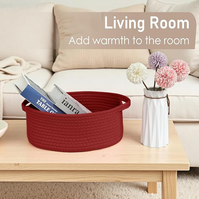 Woven Basket,Small Rope Storage Bin with Handles & Ribbon Bag, Organizer for Shelves Closets,Gift Basket Empty for Birthday,Books,Dog Toys, Red/2 Pack