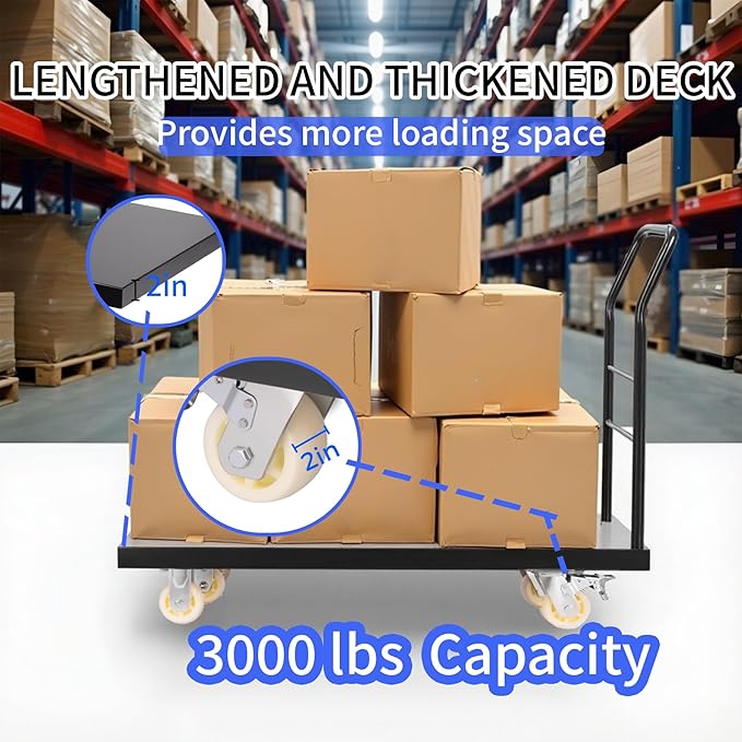 Heavy Duty Platform Truck, 3000 lbs Capacity Steel Flatbed Cart, 47" x 24" Push Cart Dolly, Black Platform Cart for Luggage and Equipment Moving