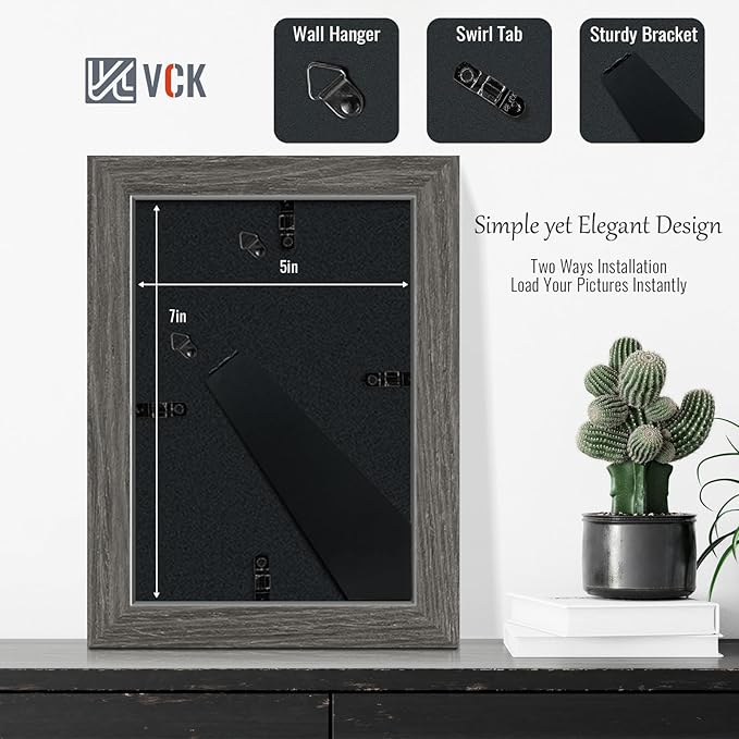 VCK 5x7 Picture Frame 2 Pack - Grey, High-End Wood Poster Frames with Tempered Glass, Display 4x6 Photo with Mat or 5x7 without Mat, Art Gallery-Quality, Wall Hanging/Tabletop, Grey