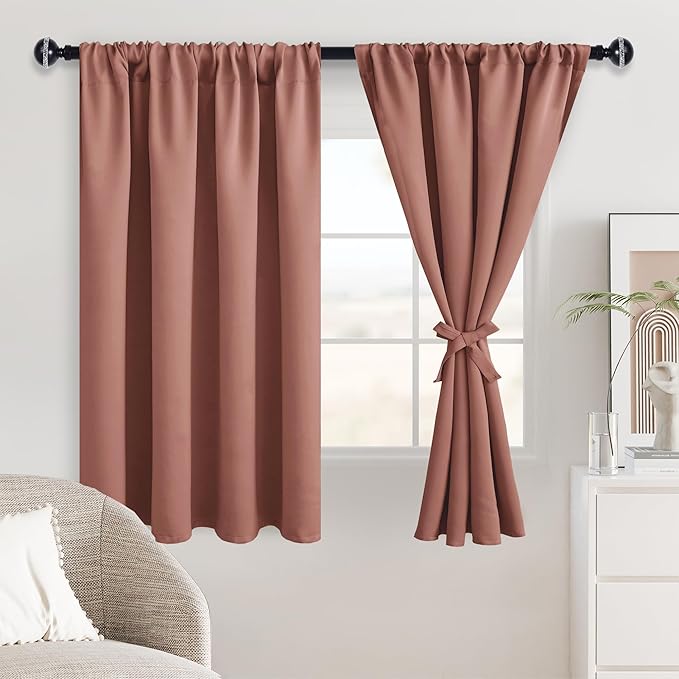 JIUZHEN Blackout Curtains - Thermal InsulatedSoundproof Energy Saving Light Blocking Short Curtain for Living Room,Bedroom, Set of 2 Panels with Tiebacks, 42 x 45 inches Long,Dusty Rose
