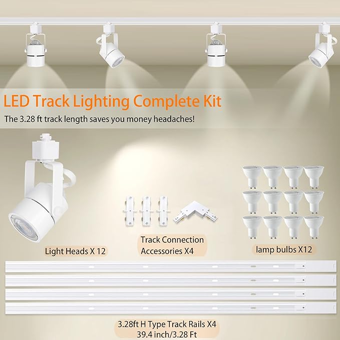 White Track Lighting Heads Kits, Dimmable 12-Light GU10 LED Track Lights Extended 14.76Ft H Type Track Rails 10W 6000K Natural Light Ceiling Spotlight Fixture with Replaceable GU10 LED Bulbs