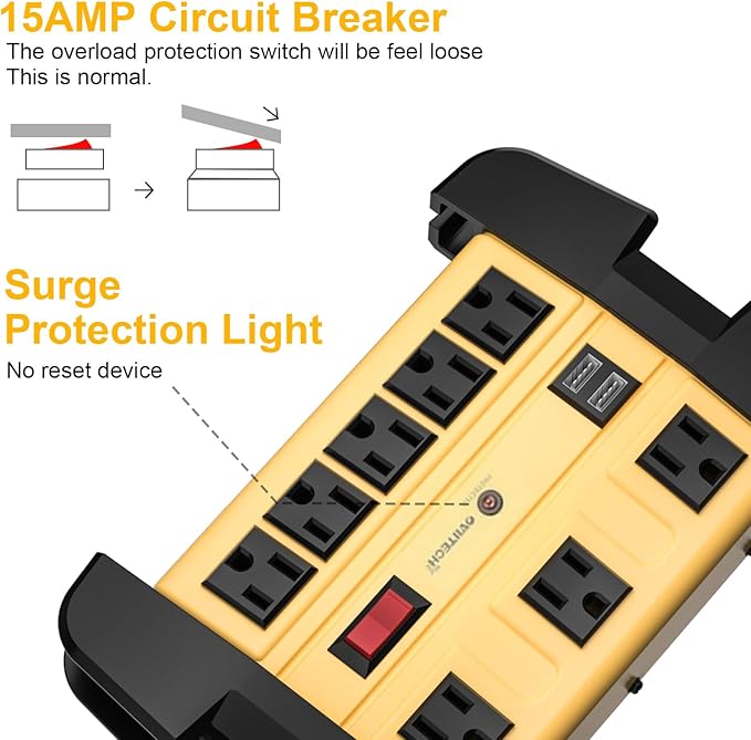 8 Outlets Heavy Duty Surge Protector Power Strip with 2 USB Ports,1800 Joules 9 Feet Power Cord and Wide Spaced for Office,Workspace,Factory,School,ETL Listed.