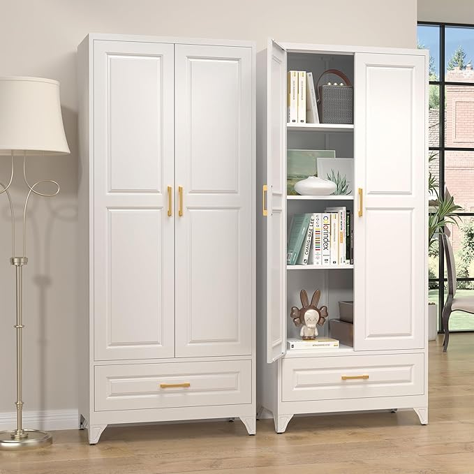 75" Kitchen Pantry Cabinet with Drawer, Metal Storage Cabinets with Doors and 4 Adjustable Shelves,White Kitchen Cabinet with 2 Gold Handles,Food Cupboard for Livingroom,Pantry, Bathroom