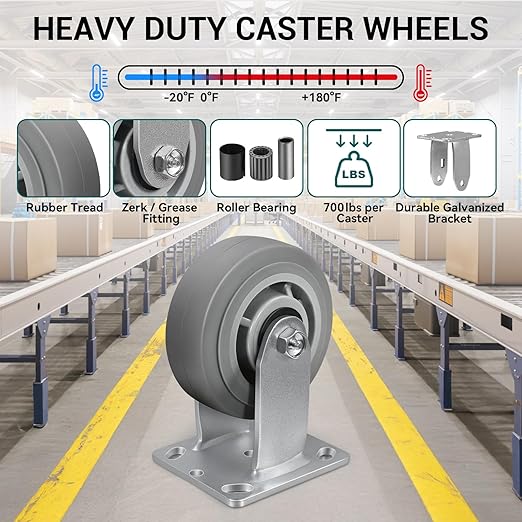 5'' × 2'' Caster Wheel, Heavy Duty Industrial Caster, Rubber Wheels with Roller Bearing, Load 700lbs per Casters for Cart Dolly Toolbox Trolley (1 Rigid)