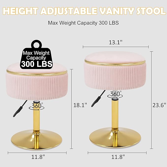 Adjustable Vanity Stool with Storage, 360° Swivel Makeup Stool Chair Small Velvet Round Ottoman with Gold Base for Bedroom, Pink