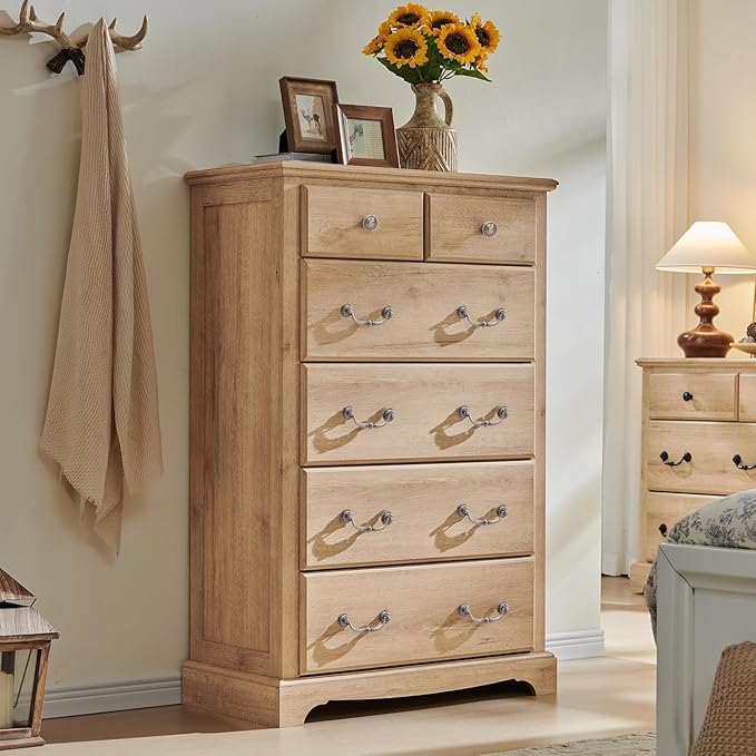 T4TREAM 6 Drawers Dresser Chests for Bedroom, 48" Tall Rustic Chset of Drawers, Wood Dressers Organizer for Bedroom, Living Room,Hallway, Natural Oak