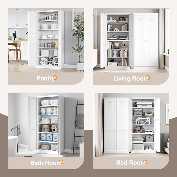 Yizosh Metal Storage Cabinet - 71" White Kitchen Pantry with 2 Doors and 5 Adjustable Shelves, 5-Tier Tall Steel Locker for Living Room, Dining Room