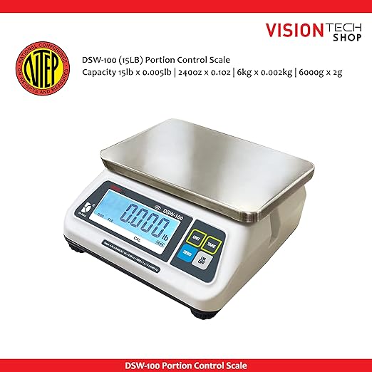 VisionTechShop DSW-100 Portion Food Scale with Dual LCD Display, Stainless Steel Platter, 15lb Capacity, 0.005lb Readability, Lb/Oz/Kg/g Switchable, Low Profile Design, NTEP COC #22-007, NSF Certified