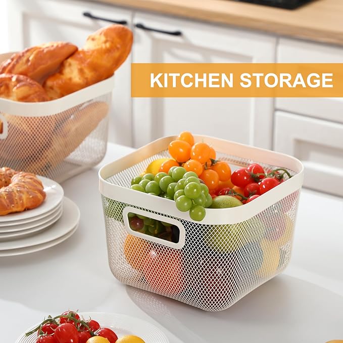 1 Pack Metal Mesh Basket with Hollow Handles White Wire Storage Bin for Organizing Stackable Metal Fine Mesh Basket for Pantry Bathroom Kitchen Cabinets Shelves (Medium)