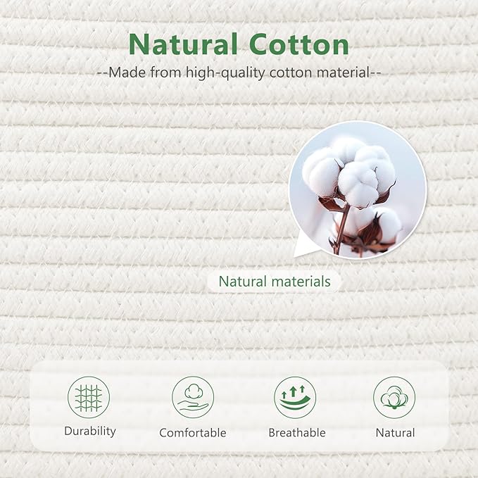 Cotton Rope Basket, Storage Baskets with Handle, 15x10x9 Inch Woven Basket for Shelves, Laundry, Towels, Clothes, Books (White 1Pack)