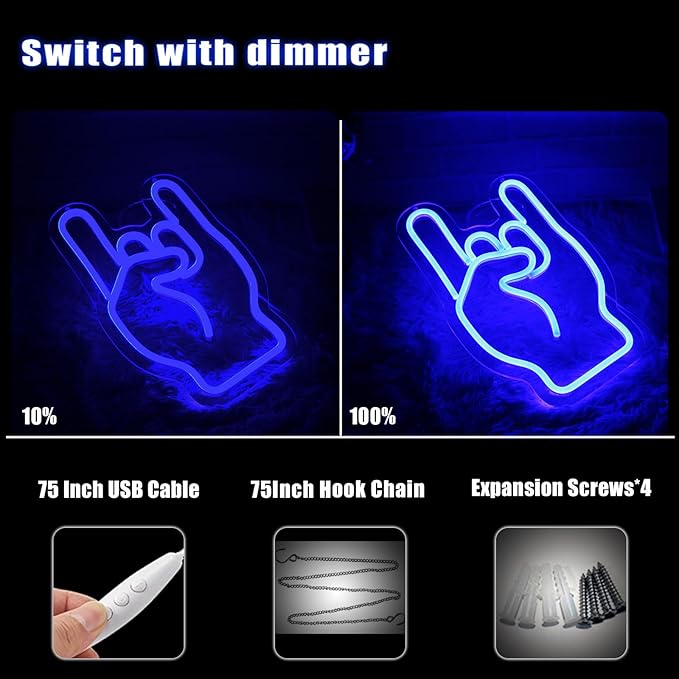 Rock on hand Neon Sign Rockin Hand Neon Light LED Neon Sign for Wall Décor Dimmable Rock and Roll LED Neon Light for Bar Restaurant Music Concert Man Cave Wall Art 14"×8.4"