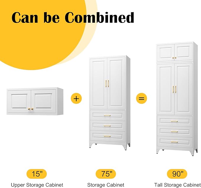 90" Kitchen Pantry Cabinet with 3 Drawer,Metal Storage Cabinets with Doors and 4 Adjustable Shelves,White Kitchen Cabinet with 2 Gold Handles,Food Cupboard for Livingroom,Pantry, Bathroom
