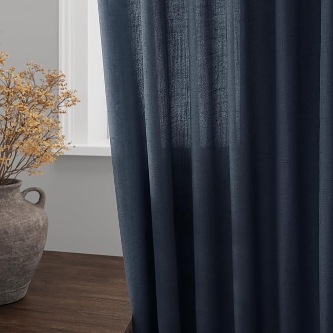 Vintage Blue Linen Curtains 90 Inch Long 2 Panels Set for Bedroom Living Room Vintage Blue Soft Linen Textured Window Drapes Semi Sheer Light Filtering Rod Pocket Back Tab Farmhouse Curtain 52x90