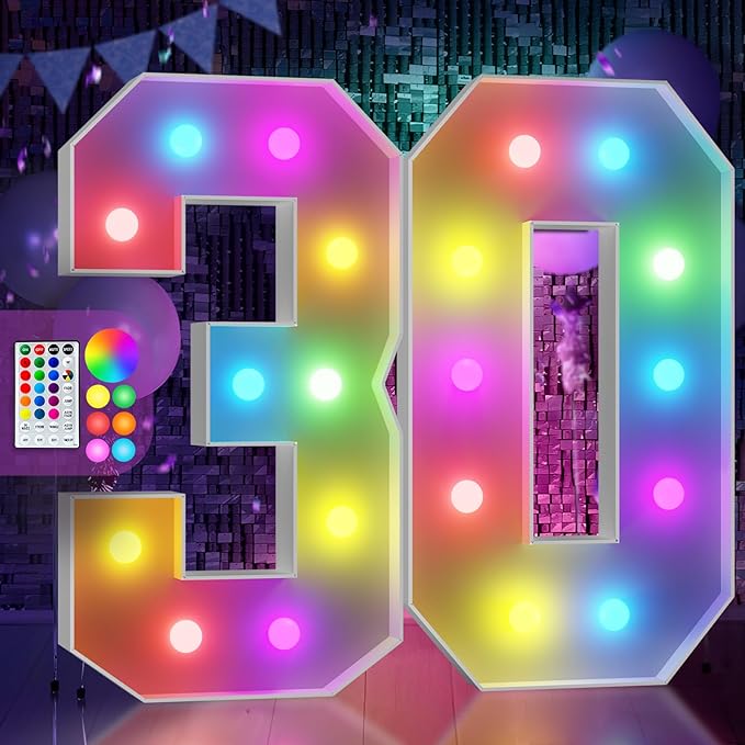 Marquee Numbers Colorful 30th Birthday Decoration: 4FT Large Light Up 30 Year Old Birthday Decorations Anniversary Backdrop Cardboard Sign 18 Colors Number 30 Mosaic Balloon Frame