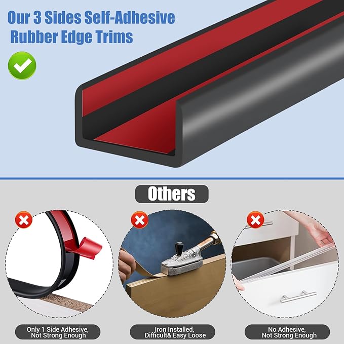 Rubber Edge Trim, Self-Adhesive U Channel Edge Protector for Plywood, Cabinet, 1-1/4" Wood Edge Banding, Flexible Furniture Repair, EPDM Material, Fit 1-1/4"(32mm), Length 20Ft, Black