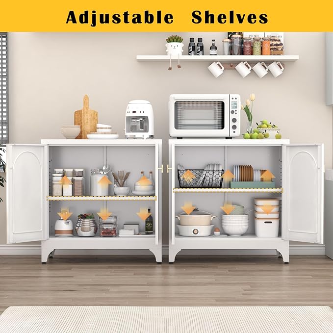 Metal Sideboard Buffet Cabinet with Storage,33 Inch Coffee Bar Cabinet with Adjustable Shelf, White Kitchen Sideboard Cabinets for Dining Room, Living Room