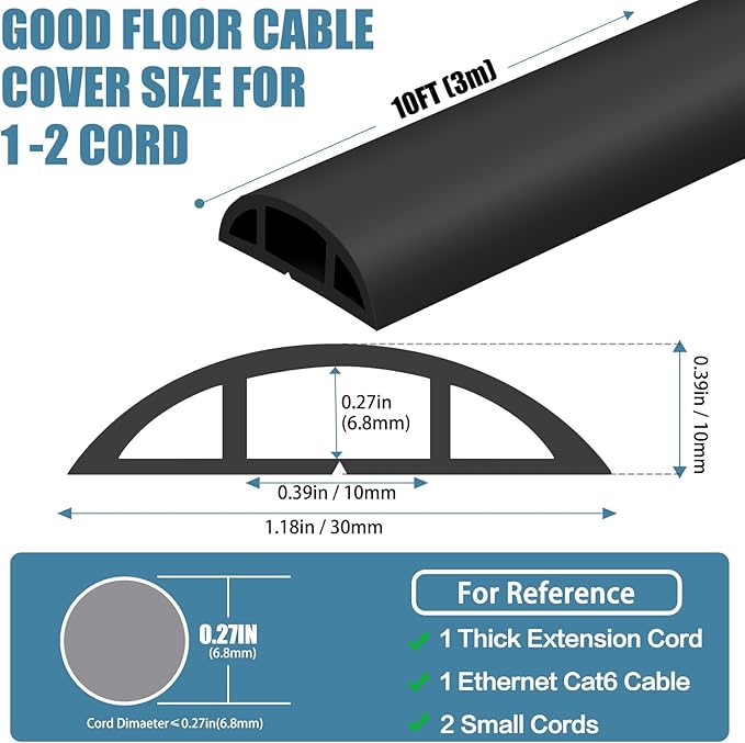 Floor Cord Covers for Wires 10FT Cable Hider Wire Coverr Self Adhesive Cord Hider Floor for Offices, Homes, Workshops, Warehouses Cable Cavity 0.47" W x 0.27" H