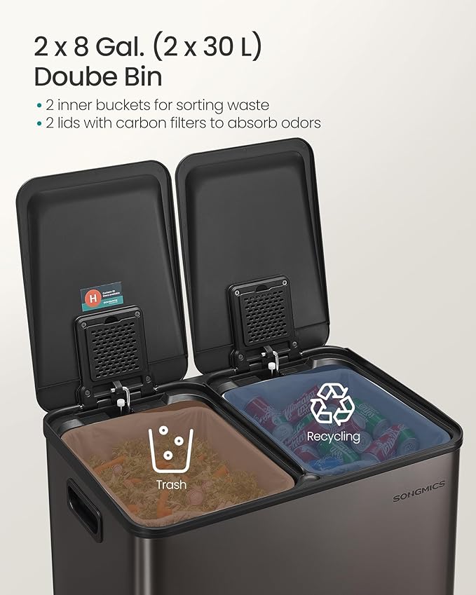 SONGMICS Trash Can, 2 x 8 Gallon (2 x 30 L) Dual-Compartment Garbage Can with Soft-Close Lid, Pedal and Inner Buckets, Stainless Steel, Includes 15 Liner Bags, Slate Gray ULTB741G01