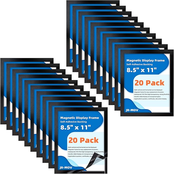 Magnetic Frames for Refrigerator, 20 Pack Double Sided Magnetic Sign Holder 8.5 x 11 for Display Picture Paper Document Flyer Page, Reusable Adhesive Frames for Walls Door Window Glass