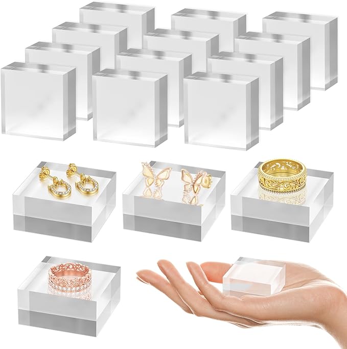 Acrylic Base 16 Pieces Acrylic Blocks for Display 2 X 2 X 1 Inch Square Riser Display Stands Trophy Base Pedestal Stands Clear Cube for Trophy Jewelry Props Food Party Crafts