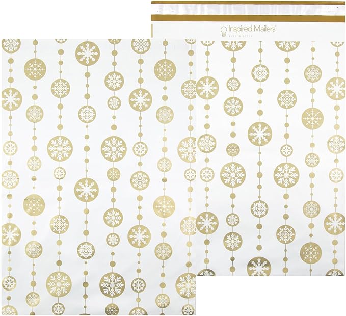 Inspired Mailers - Large Poly Mailers 14.5 x 19-50 Pack - Snowflake Baubles (Gold) - Holiday Shipping Bags - Large Mailing Envelopes - Christmas Shipping Envelopes