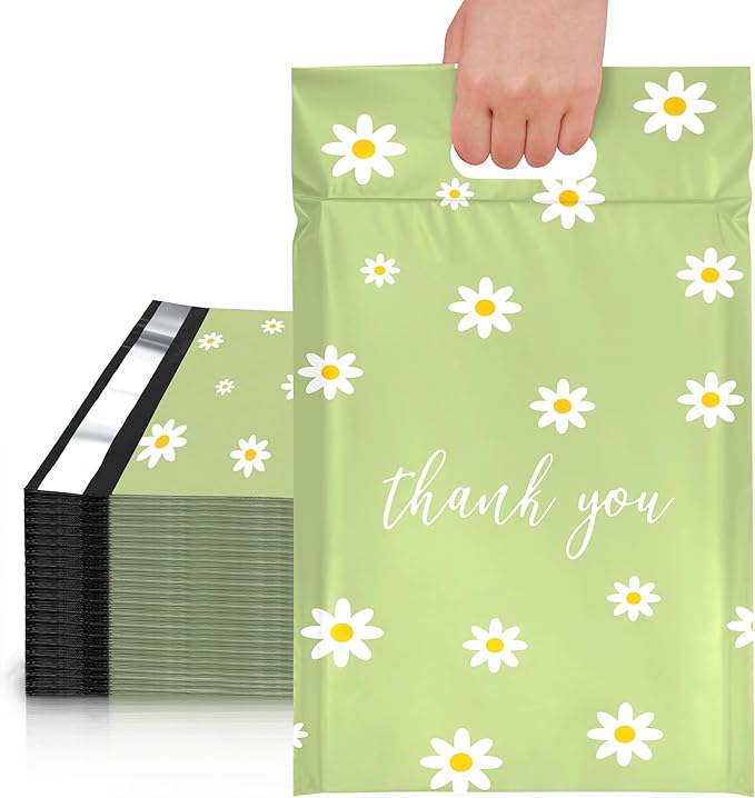 JinRuiKJ Poly Mailers with Handle 12x15.5 Inch 50 Pcs, Easy to Carry Packaging Bags for Small Business, Thank You Shipping Bags with Self Adhesive Strip, Tearproof and Waterproof - Chrysanthemum