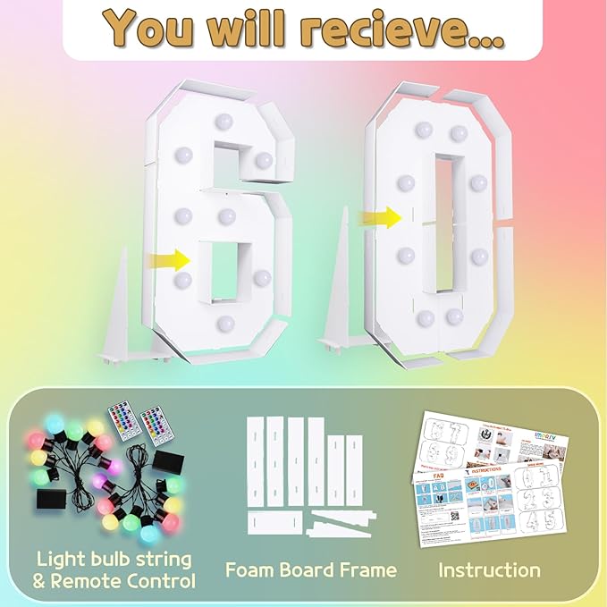 Marquee Numbers Colorful 60th Birthday Decoration: 4FT Large Light Up 60 Year Old Birthday Decorations Anniversary Backdrop Cardboard Sign 18 Colors Number 60 Mosaic Balloon Frame