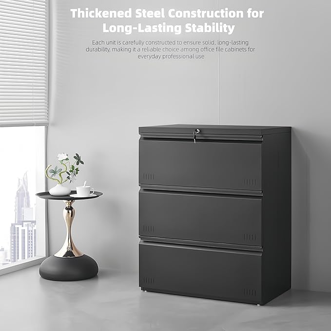 Lateral 3 Drawer File Cabient with Lock, Metal Filing Cabinets for Home Office, Heavty Duty Office Storage Cabinet for A4/Letter/Legal (Matte Black)