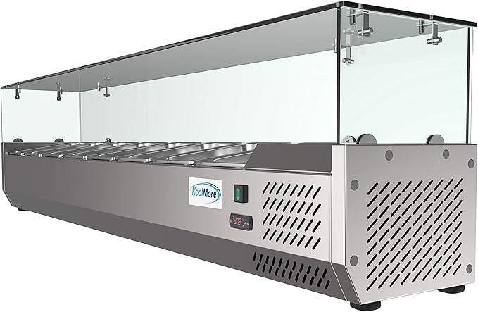 KoolMore SDC-8P-SG Condiment Prep Rail Station with Sneeze Guard, 71 Inch, Silver