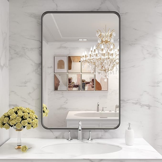 LOAAO Black Metal Framed Bathroom Mirror for Wall, 24X36 Inch Rounded Rectangle Mirror, Matte Black Bathroom Vanity Mirror Farmhouse, Anti-Rust, Hangs Horizontally or Vertically
