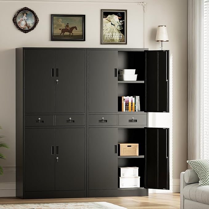 Metal Storage Cabinet，71" Garage Storage Cabinet with 2 Locking Drawer and 2 Adjustable Shelves ，Black Tool Cabinet，Lockable File Steel Cabinet for Home, Office, Gym, School.