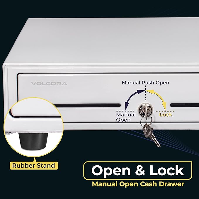 Volcora 16" Push Open Cash Register Drawer for Point of Sale (POS) System, Partial Removable White Heavy Duty Till with 5 Bills/8 Coin Slots, Key Lock and Double Media Slots