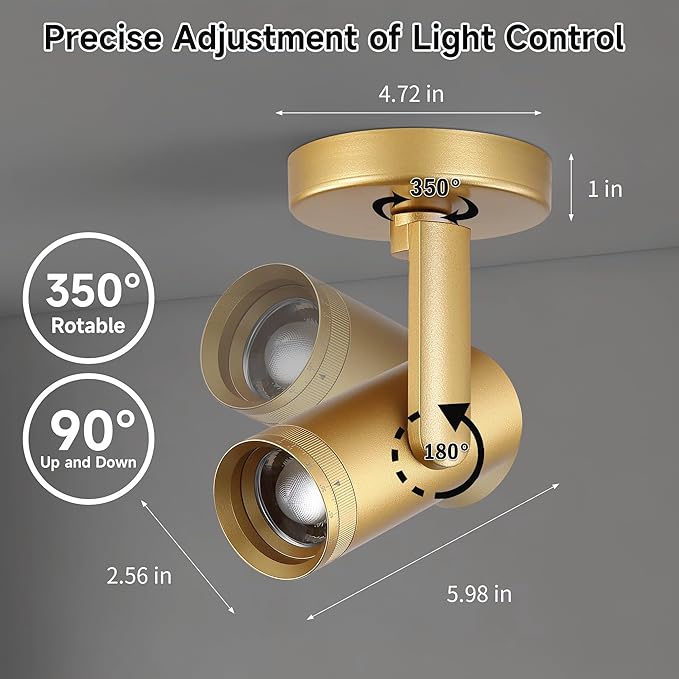 12W LED Gold Dimmable Zoomable Ceiling Spotlight Indoor – Adjustable Surface Mount Accent Light for Corridor, Living Room, Plants & Painting | Warm White 3000K CRI 97, Flicker-Free, 4 Packs