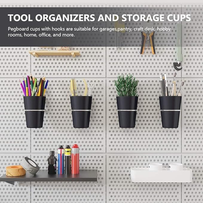 Garneck 5 Sets Pegboard Cup and Hook Organizer Set for Garage Workshop Office Black Pegboard Accessories with Sturdy Load-Bearing Cups for Small Tool Storage Easy No-Drill Installation for