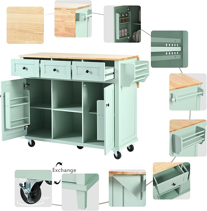 Rolling Kitchen Island with 2 Bar Stools, Drop Leaf, Cabinet Door Storage Racks & 3 Drawers, Mobile Kitchen Cart with Rubberwood Top & Locking Wheels for Dining Room & Kitchen, 53-Inch, Mint Green
