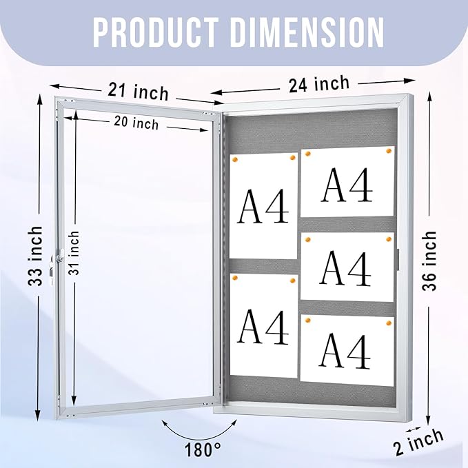 Enclosed Bulletin Board 36"x24" Outdoor Weatherproof Cork Noticeboard with Locking Door Wall-Mounted Gray Fabric Silver Aluminium Frame for Home, School, Office, Community, Hospital