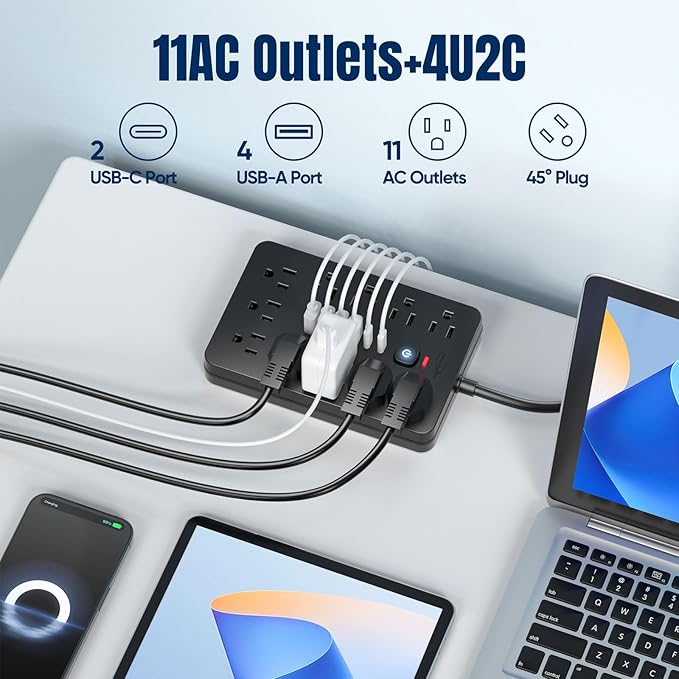 6 FT Flat Plug Surge Protector Power Strip,11 Multiple AC Outlets with 6 USB Ports (2 USB C), 6 Feet Extension Cord, 1250W/10A, One Touch Switch Button, 17 in 1 Compact powerstrip