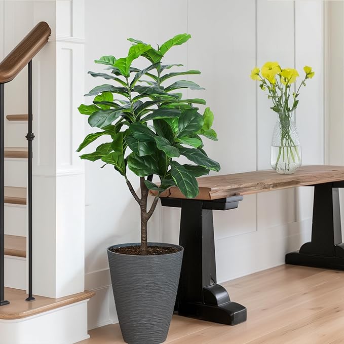 Artificial Fiddle Leaf Fig Tree, 4 FT Tall Fake Ficus Lyrata with Pot, Faux Silk Plants Indoor, Realistic Artificial Plants Decor for Home Office Living Room Decor Indoor Outdoor