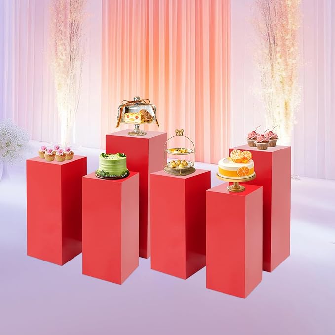 Eapmic Pedestal Stands for Party, Cake Pedestal Stand, Dessert Table Display Plinth Pillars, Sculpture Display Column Decoration Cube for Wedding Birthday (Red, Square-6Pcs(31.49"+25.59"+23.62"))